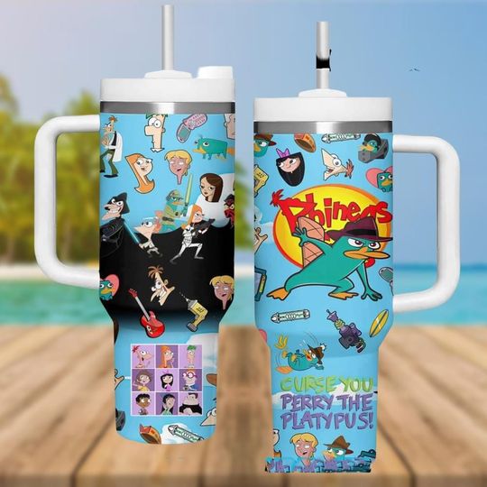 Discover Phineas and Ferb Tumbler 40oz, Perry the Platypus Cartoon Mug, 40oz Cup With Handle Custom Gift