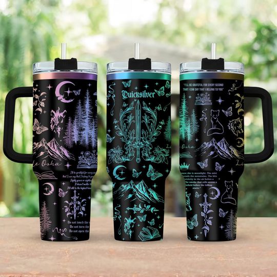 Quicksilver Fantasy Engraved Tumbler, Mountain Moon Butterfly Night Tumbler, Dark Cup, Bookish Mug, Tumbler Gift