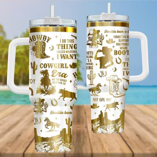 Discover Western Cowgirl 40oz Tumbler, Gold Engraved Rodeo Quotes, Horse Boots Cup, Southern Country Cup With Handle, Halloween Gift