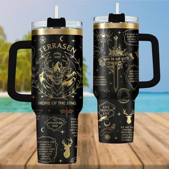 Terrasen Fantasy Tumbler 40oz, Gold Engraved Sword Quote Cup, Throne Of Glass Inspired Gift, Bookish Tumbler Gift, Gift For Halloween
