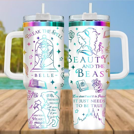 Discover Belle 40oz Engraved Tumbler, Beauty and the Beast Quote Cup, Fairy Tale Disney Gift, Bookish Rose Castle Mug, Belle Gift for Her