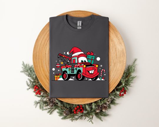 Discover Tow Truck Christmas Shirt, Cute Holiday Car Tee with Santa Hat and Gifts, Funny Xmas T-Shirt