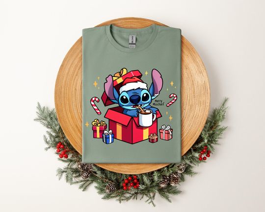 Stitch Christmas Shirt, Cute Holiday Gift Box Tee with Hot Cocoa and Candy Canes, Funny Xmas T-Shirt