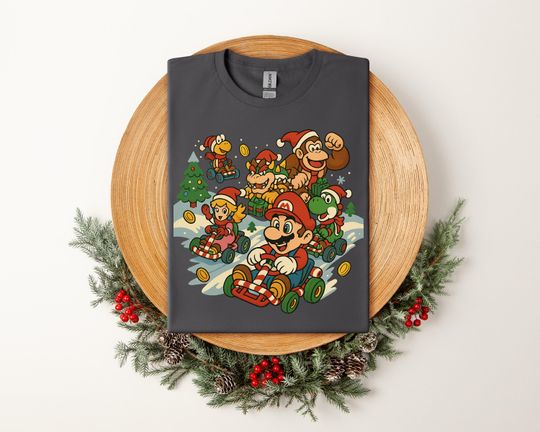 Mario Kart Christmas Shirt, Cute Holiday Racing Tee, Funny Xmas Gift T-Shirt for Men Women Kids, Santa Hat Gamer Cartoon