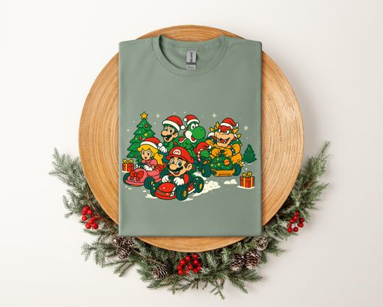 Mario Kart Christmas Shirt, Cute Holiday Racing Tee, Funny Xmas Gift T-Shirt for Men Women Kids, Santa Hat Gamer Cartoon