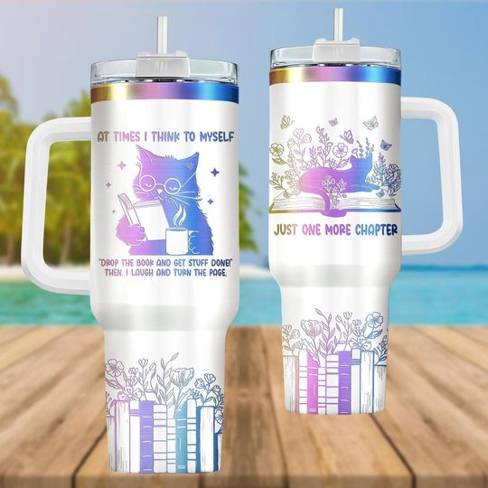 Discover Just One More Chapter Cat Tumbler 40oz, Cozy Bookish Mug with Handle, Reading Gift for Women, Cute Engraved Cat Book Cup