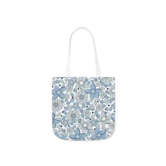 Blue Grey Floral BoHo Polyester Canvas Tote Bag (AOP)