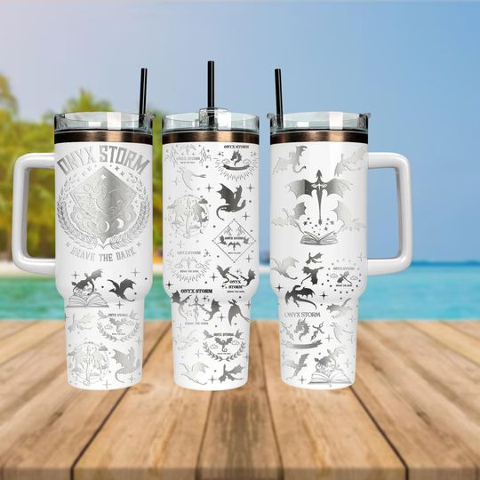 Onyx Storm Brave the Dark Tumbler 40oz, Silver Dragon Engraved Mug, Bookish Fantasy Gift Cup, Bookish Tumbler Gift