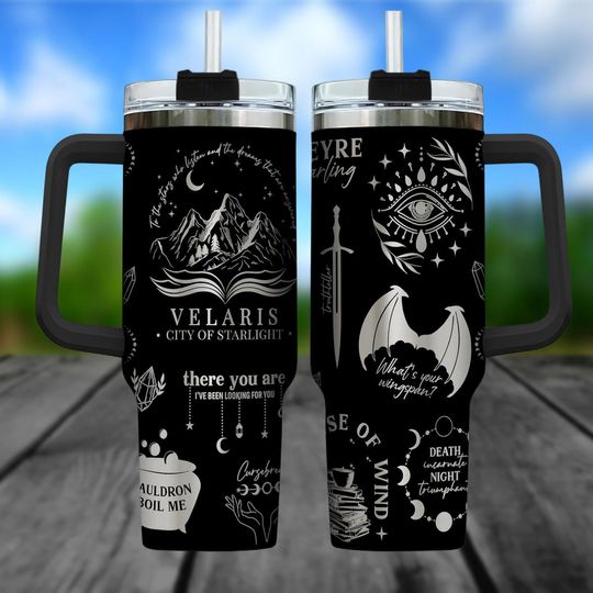 Velaris Fantasy Engraved Tumbler 40oz, House of Wind Acotar Cup, Black 40oz Cup for Booktok Fans and Readers, Gift For Summer