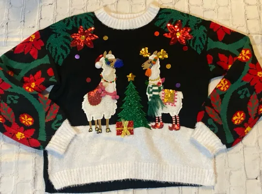 Discover Holiday Time Llamas Ugly Christmas Sweater Embellished Black White Large 12/14