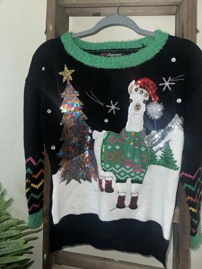 Discover 33 Degrees Ugly Christmas Sweater Womens XS Llama Sequin Tree Black 3D Pullover