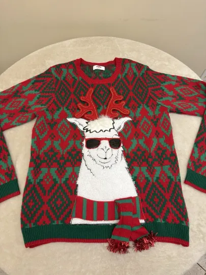 Xmas Sweater UNISEX “COOL CHRISTMAS LAMA” Ugly Christmas Sweater LARGE