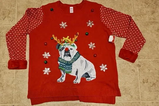 Ugly Christmas Sweater Red Green Fancy Pug Puppy Sequins sz XXL 2X MENS WOMENS