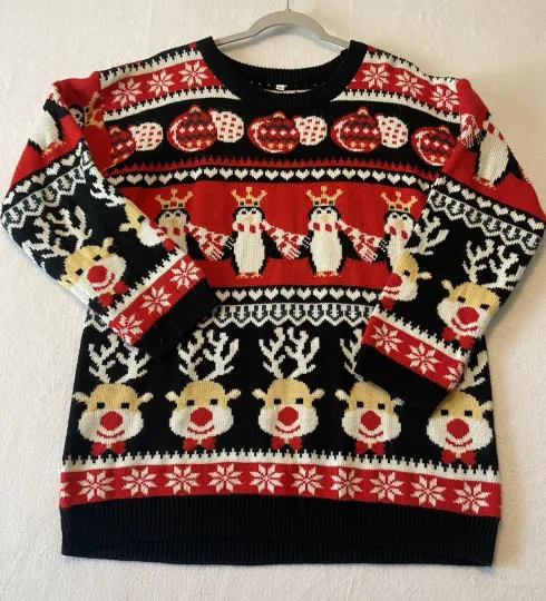 Discover Men’s Ugly Christmas Sweater Reindeers Penguins Red Black White Festive Holiday