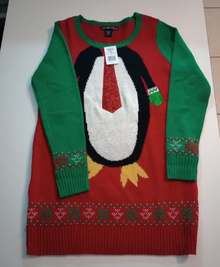 Christmas Sweater Ugly Women  LARGE Penguin Embellished Top
