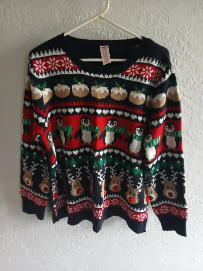 Women's Christmas Ugly Sweater Size XXL(20) Penguins Reindeer Jingle Bells