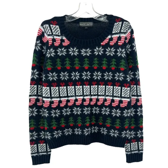 Discover Almost Famous MEDIUM Navy Blue Ugly Christmas Tree Tinsel Knit Sweater