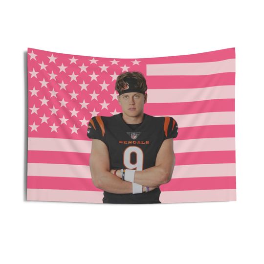 Joe Burrow Pink American Flag Tapestry, Aesthetic Room Decor, Funny Wall Art, Sports Gift