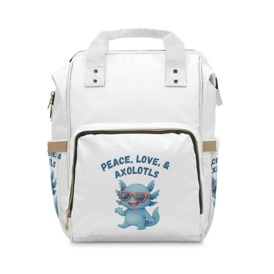 Discover Stylish Multifunctional Diaper Backpack with Cute Axolotl Design, Baby Bag, Mom Backpack, Maternity Tote, Peace, Love Design BLUE