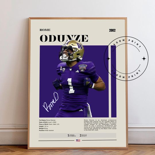 Rome Odunze Poster, Chicago Bears Football Print, football Wide Receiver Wall Art, Retro Sports Poster, Minimalist Decor Gift for Fans