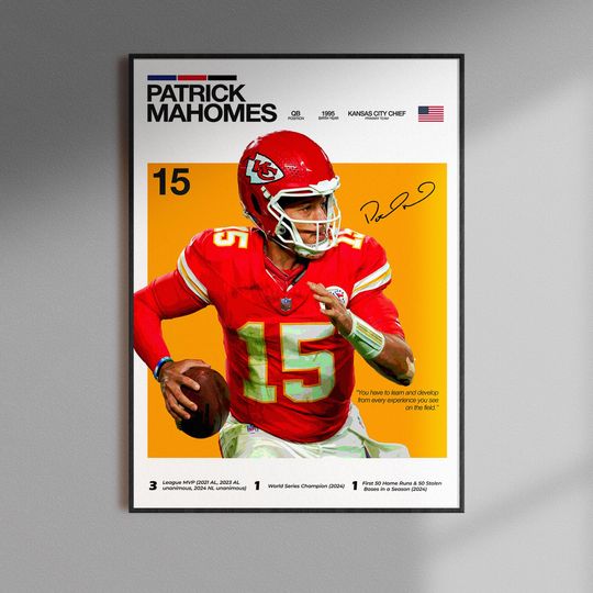 Discover Patrick Mahomes Poster, Digital Download, Kansas City Chiefs, Wall Art Football Print , football Quarterback , Gift For Fans, Man Cave Sports