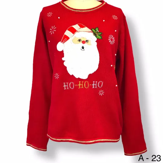 Discover Holiday Time Ugly Christmas Sweater Crewneck Ho Ho Ho Santa Head Red Sz L 12/14