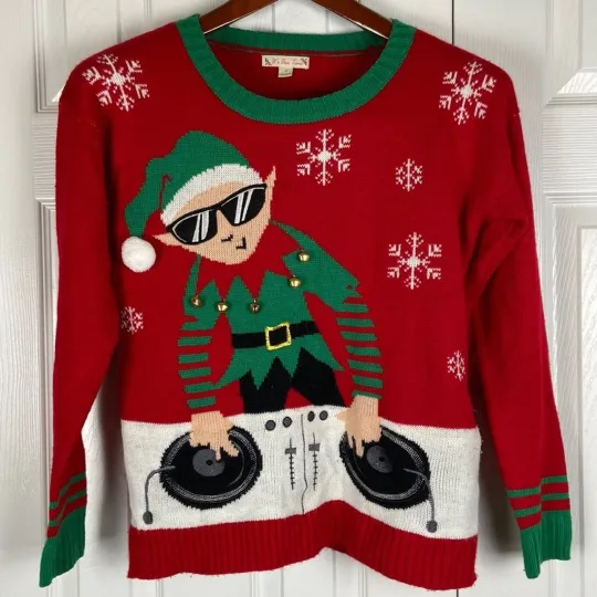 Discover It’s Our Time Ugly Christmas elf DJ music sweater, womens S