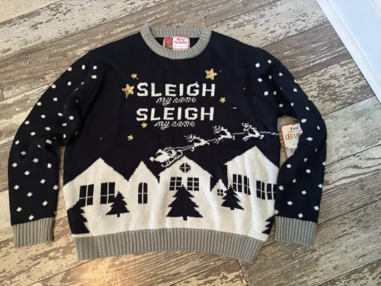 Ugly Christmas Sweater Santa Sleigh My Name Navy Blue Long Sleeve Size XL