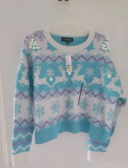 Discover 33 Degrees Ugly Christmas Sweater Womens Sz XL Holidays Blue Reindeer Sequin