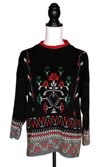 Ugly Christmas Sweater Women L Black Metallic Thread Long sleeve Pullover Granny