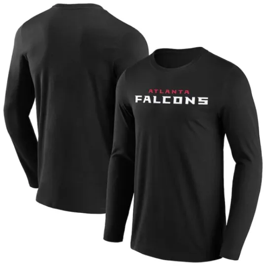 Discover Atlanta Falcons Men's T-Shirt (Size S) football Black Wordmark Logo LS Top - New