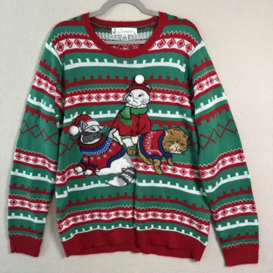 Discover Jolly Sweaters Christmas Cats Embroidered 3-D Ugly Sweater Womens L Long Sleeve