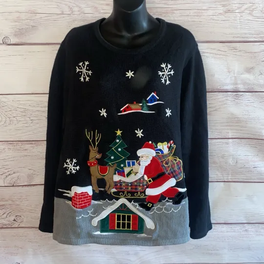 Discover Bechamel Womens Sweater XL Black Santa Rudolph Knit Christmas Granny Applique