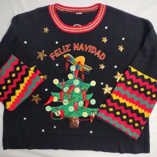 UGLY Christmas Sweater Feliz Navidad Black Sequin Top Mexican holiday XXL