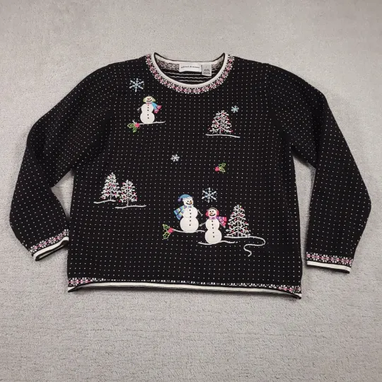 Alfred Dunner Sweater Womens Large Black Holiday Christmas Snowman Trees Winter