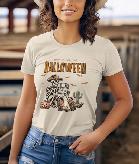 Discover Western Skeleton Waiting for Halloween T-Shirt - Cowboy Skeleton Graphic Tee