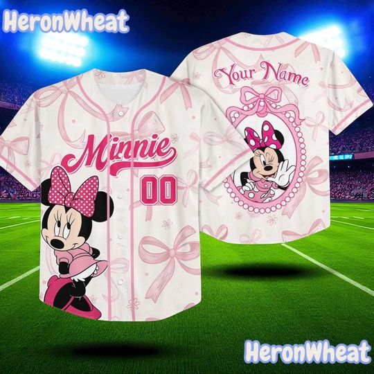 Discover Custom Minnie Mouse Coquette Baseball Jersey with Pink Bow, Personalized Disney Mirror Shirt for Girls, Youth & Adult Matching Outfit