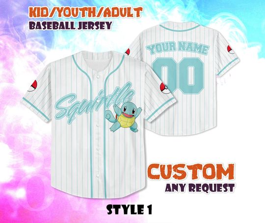 CUSTOM PKM Squirtle BaseBall Jersey, PKM Squirtle Shirt, Personalized PKM Lover, PKM Gift for Fans, Birthday Gifts