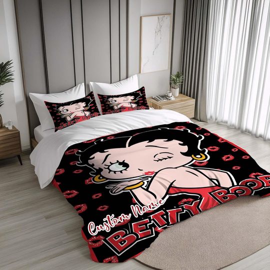 Discover Personalized Betty Boop Bedding Set for Holiday Gifts Duvet Cover+2 Pillowcases,Name Quilt Cover Suitable for Halloween,Christmas,Birthday.