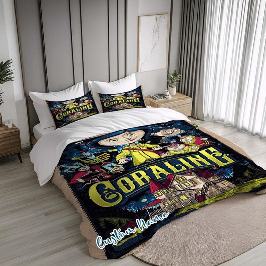 Halloween Personalized Coraline Duvet Cover Bedding Set for Holiday Gifts,Pillowcases,Name Quilt Cover gift for Halloween,Christmas.