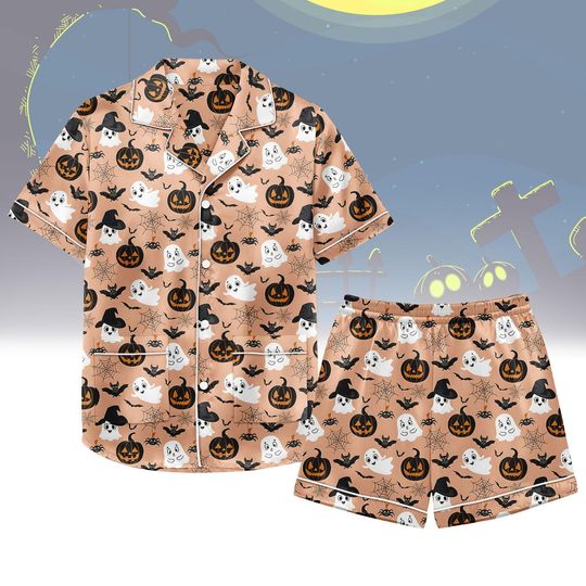 Halloween Pumpkin Ghost Satin Pajamas, Ghost Spooky Season Short Pajamas Set, Fall Sleepwear For Her, Trick Or Treat Halloween Outfit