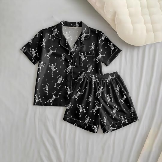 Halloween Slightly Subtle Anti Trump Short Pajamas Set, Dancing Skeleton Loungewear, Anti Maga Pjs, Halloween Gift, Political Starie Pjs