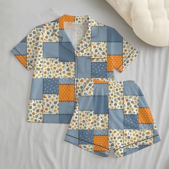Floral Patchwork Pajamas Set, Halloween Short Sleeve Shirt, Spooky Season Outfit, Cozy Retro Sleepwear For Women
