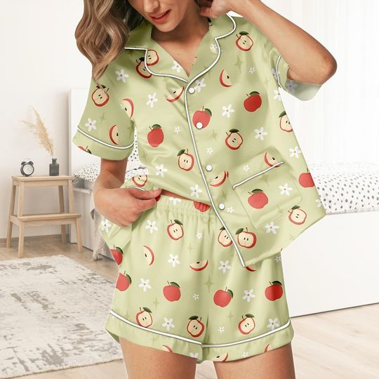 Discover Apple Short Satin Pajamas, Fruit Print Apple Pajamas Set Women, Pastel Silk Pajamas For Women, Fruit Matching Pajamas Women