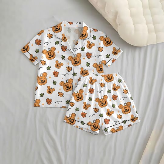 Fall Pumpkin Mouse Short Pajamas Set, Halloween MK Pumpkin Sleepwear, WDW Cartoon Homewear, Autumn Pattern Nightwear, Mk Mouse Pjs