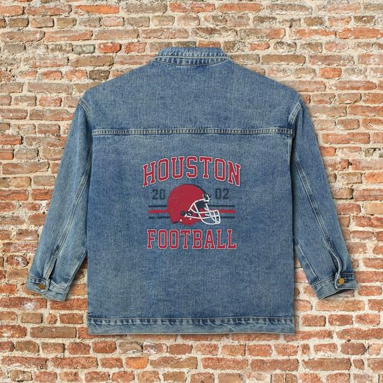 Discover Houston Womens Denim Jean Jacket, Vintage Varsity Football Coat, Lone Star Retro Game Day Gear, Tailgate Apparel Gift For Her, Team Mom