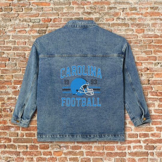 Discover Carolina Womens Denim Jean Jacket, Vintage Varsity Football Coat, Big Cat Retro Game Day Gear, Tailgate Apparel Gift For Her, Team Mom