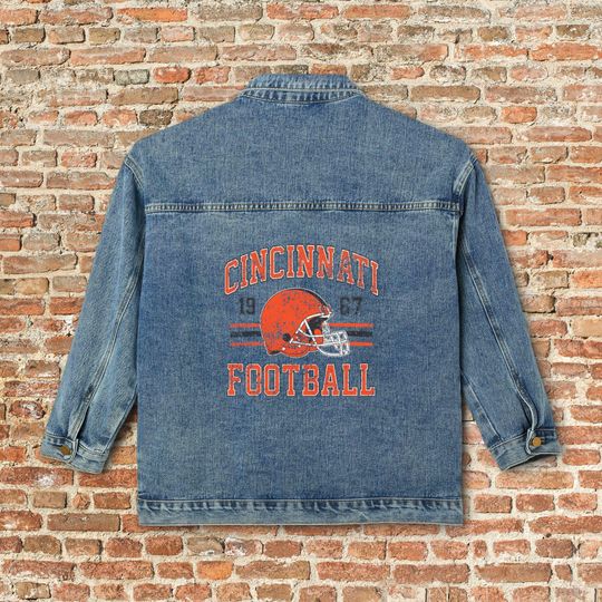 Cincinnati Womens Denim Jean Jacket, Vintage Varsity Football Coat, Queen City Retro Game Day Gear, Tailgate Apparel Gift For Her, Team Mom