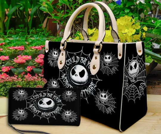 Discover Halloween Personalized Leather Handbag, Jack Skellington Handbag