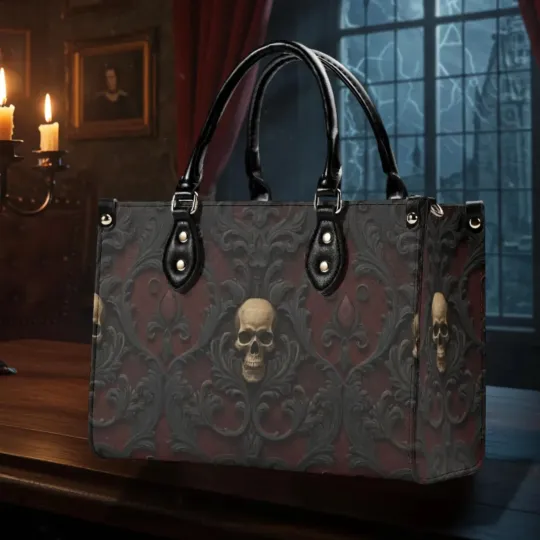 Gothic Damask Skulls Handbag Spooky Gothic Purse with Removable Strap